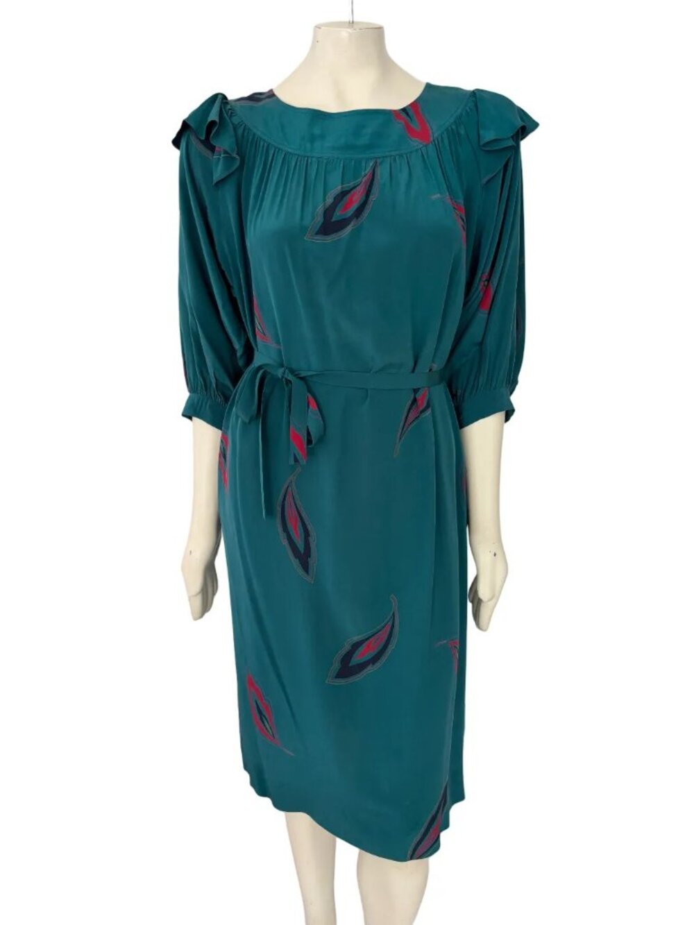 VTG ALBERT NIPON 100% Silk Ruffled Shoulder Belted Midi Dress in Teal  SZ 12